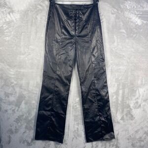 Black Faux Leather Lace Up Front Flare Leg Pants Women's Size M Goth